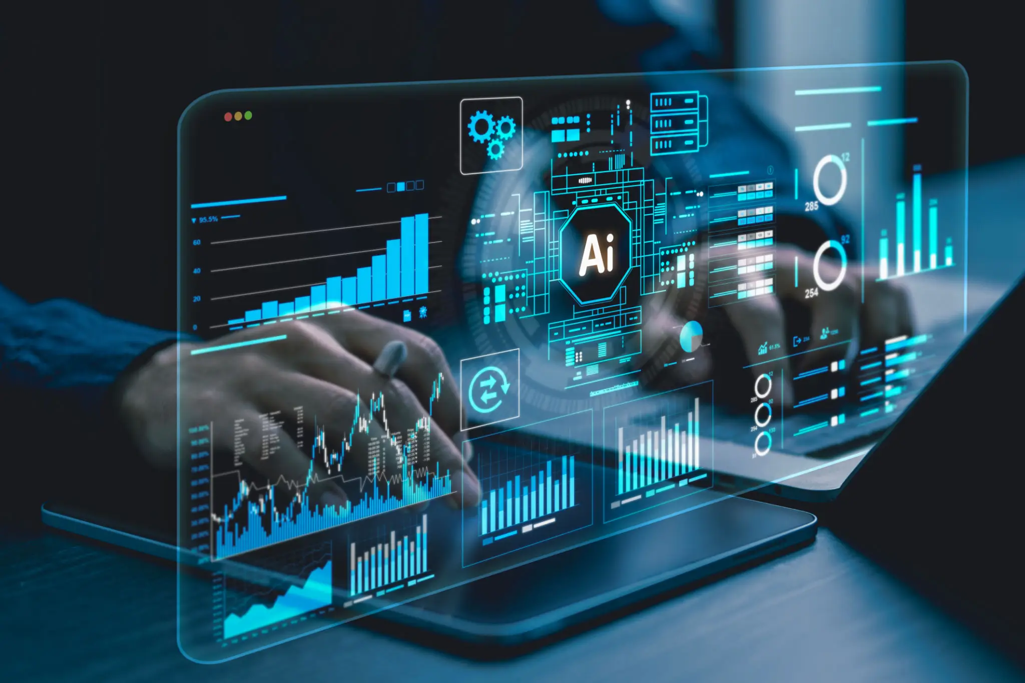 Hands typing on laptop with AI analytics dashboard