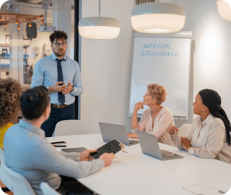 Colleagues brainstorming AI strategies together