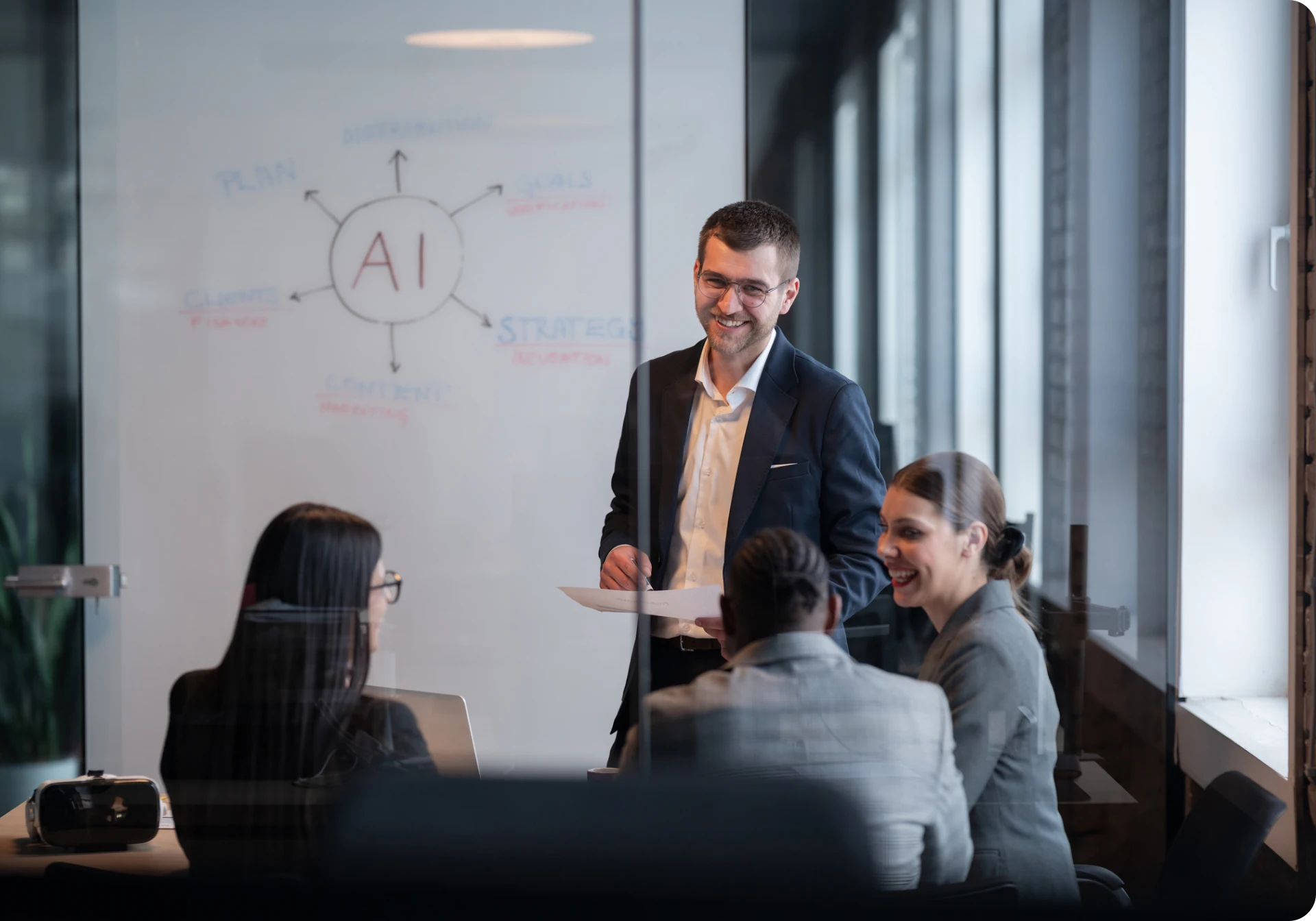 Team brainstorming in modern conference room