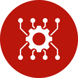 White gear with circuit connections on red circle