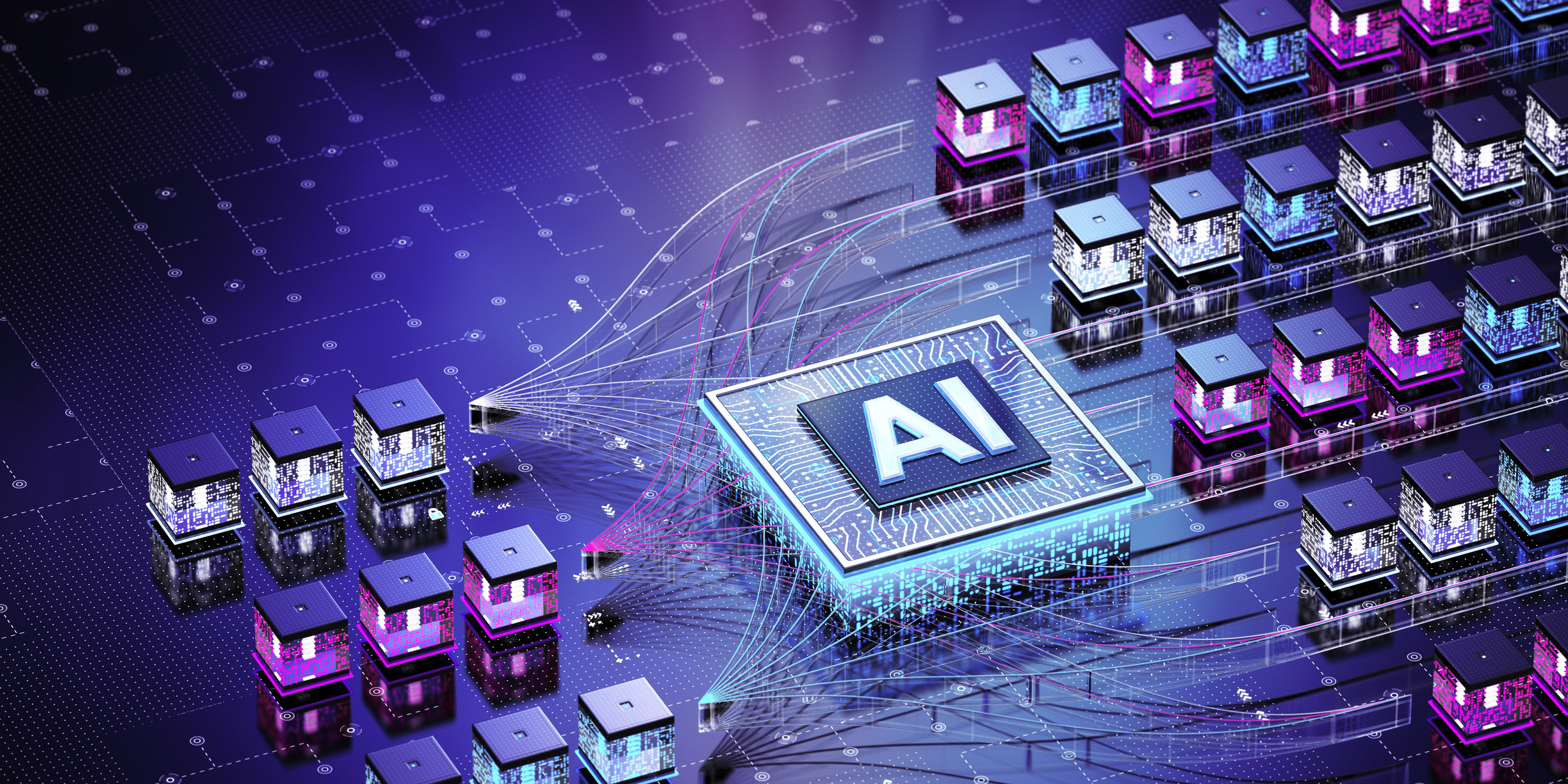 AI chip connected to glowing server cubes