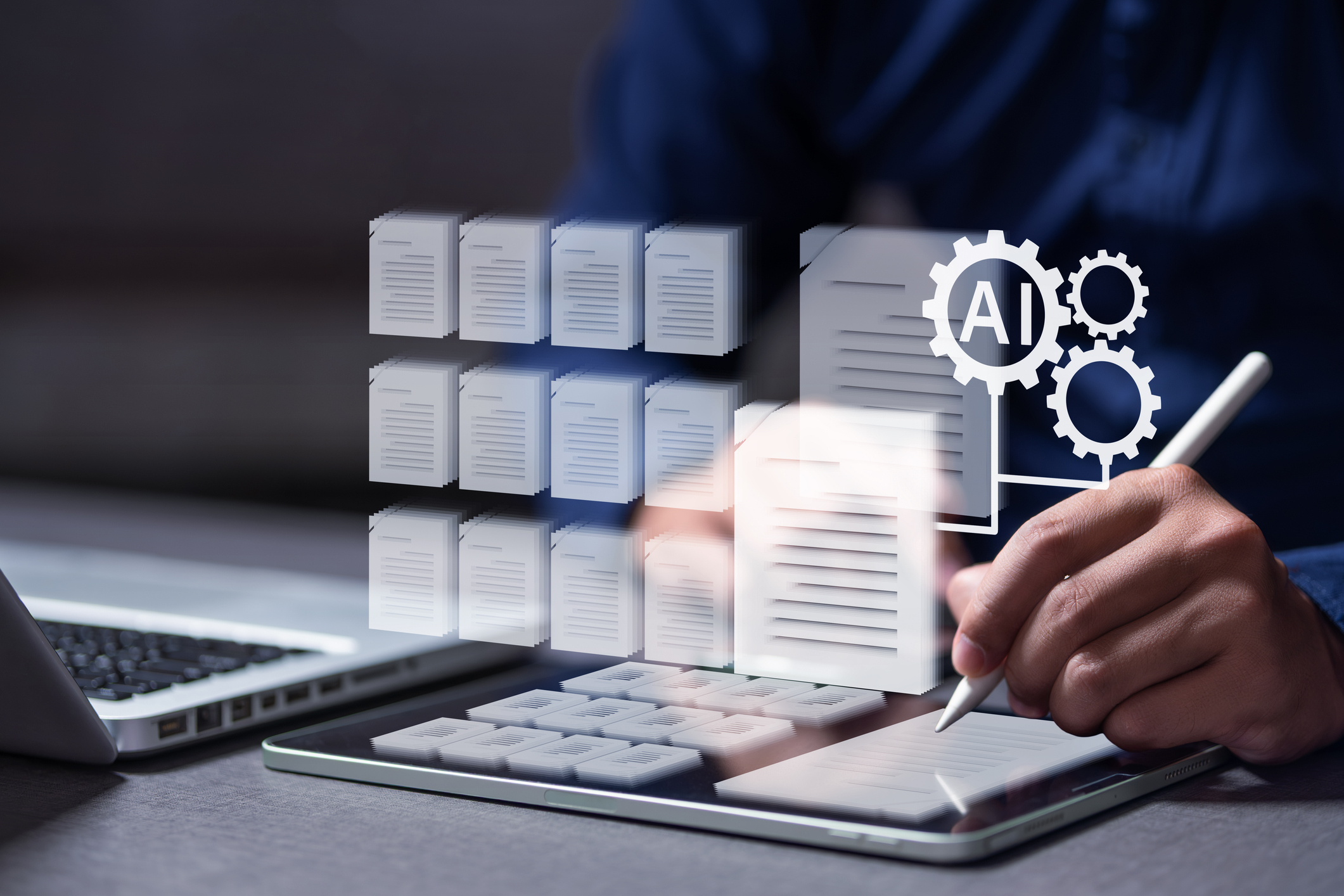 Person using tablet with AI document icons
