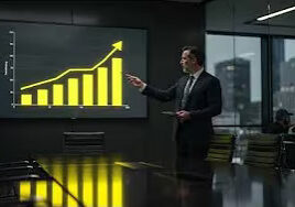 Businessman presenting upward growth bar chart