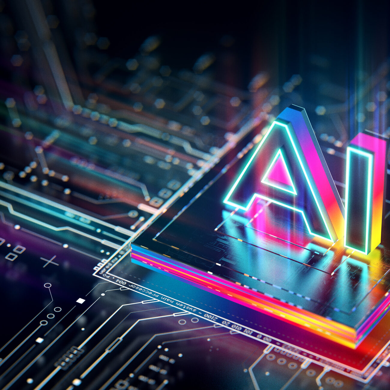 Neon AI letters on glowing circuit microchip